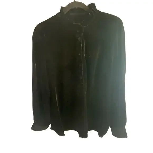 Talbots Black Velvet Long-Sleeve Blouse Ruffled Mandarin Collar Sz L Holiday - Picture 11 of 16